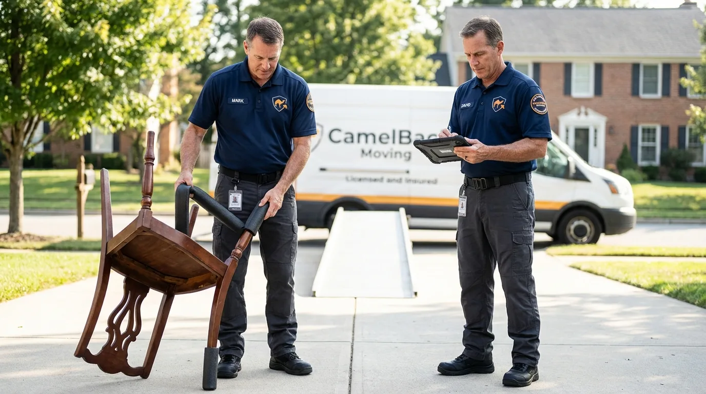 Movers inspecting furniture for damage prevention before loading in Blairsville, GA