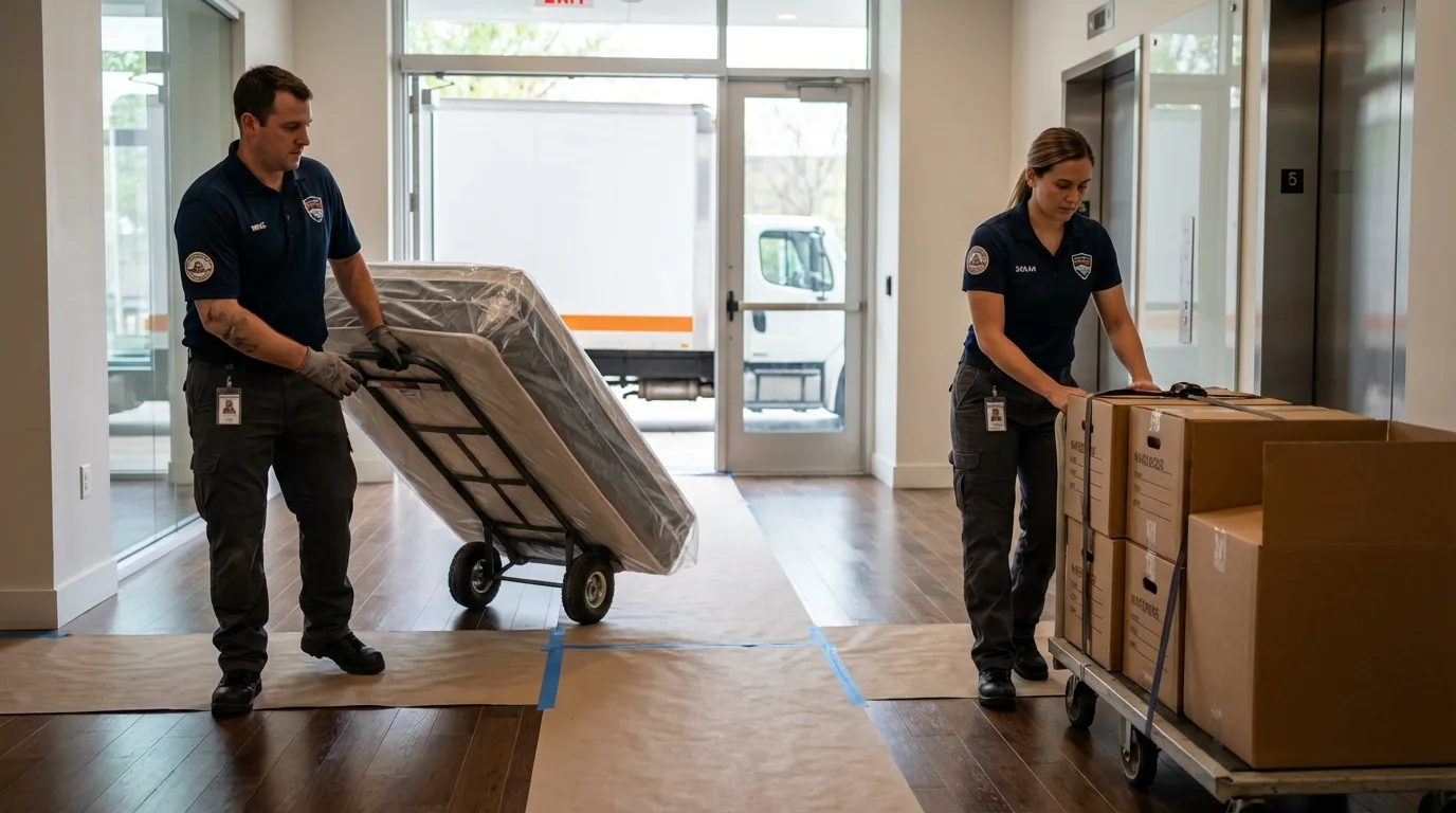 Professional apartment movers loading elevator in Blairsville, GA